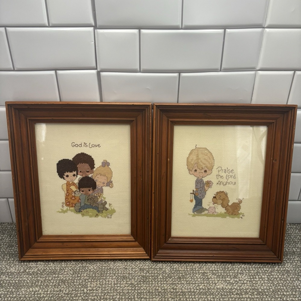 Precious Moments Cross Stitch Framed VTG Christian Pictures W Sayings 1982 Hand